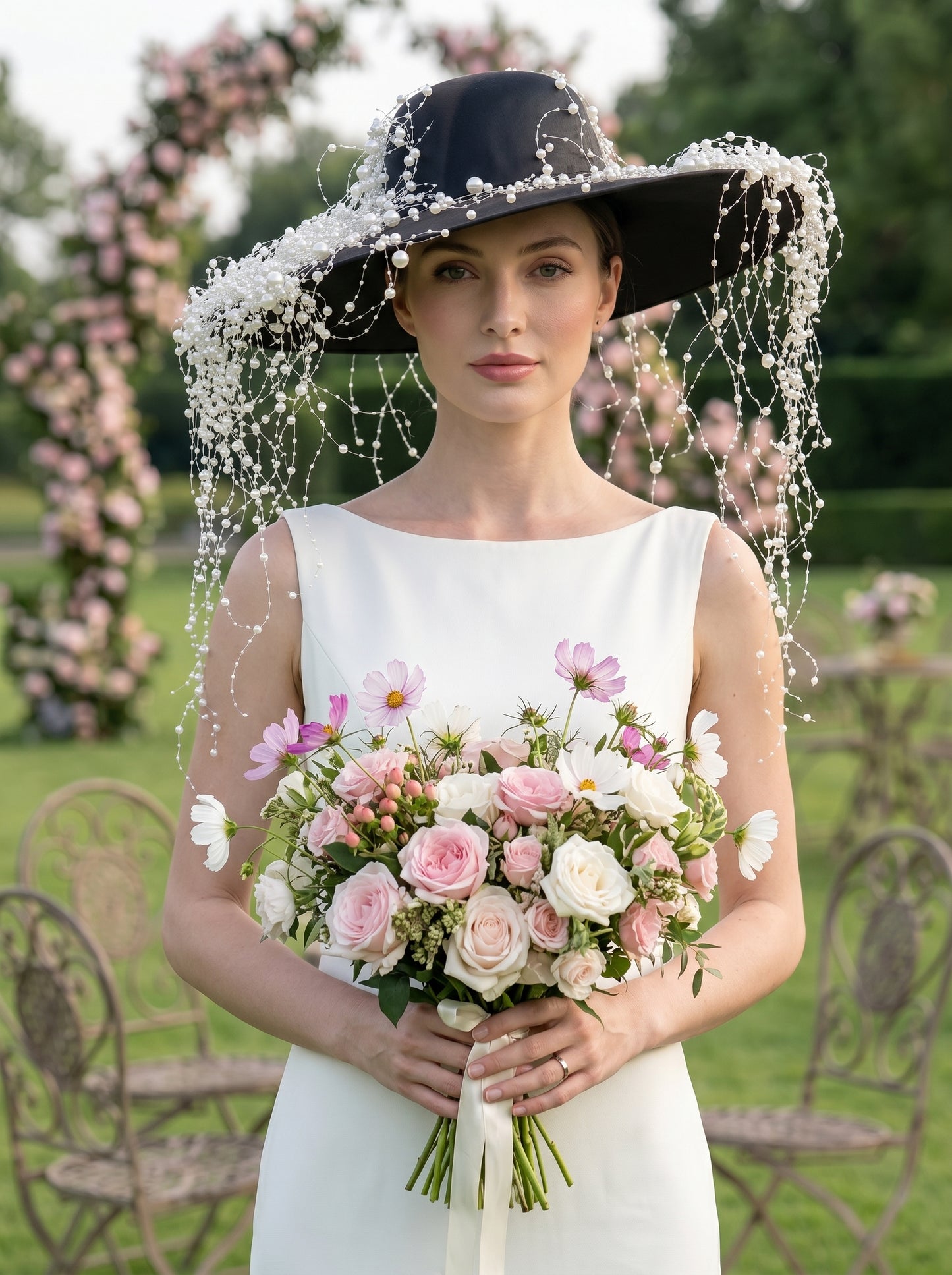 Gothic Black Wedding Hat with Pearl Galaxy Veil - Anti-Bride Statement Wide-Brim Hat with Cascading Beaded Netting  LUNA-X199
