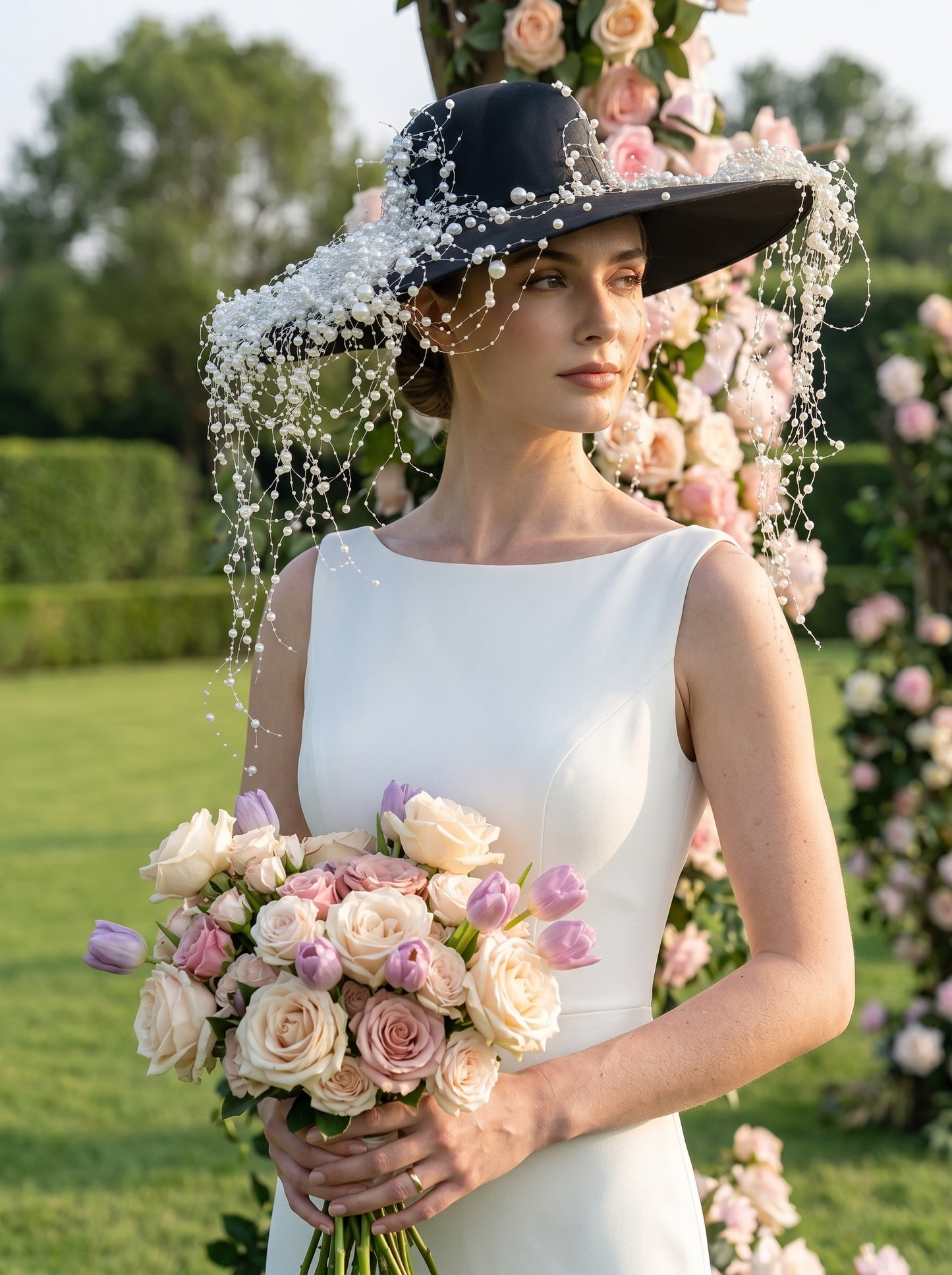 Gothic Black Wedding Hat with Pearl Galaxy Veil - Anti-Bride Statement Wide-Brim Hat with Cascading Beaded Netting  LUNA-X199