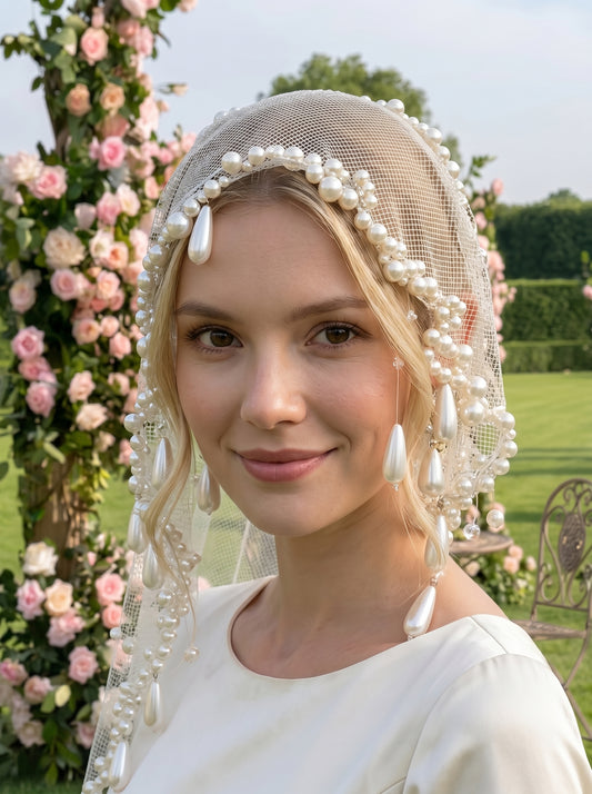 Chic 20x20 Pearl Edge Civil Wedding Veil, Heavy Beaded Vintage Mesh Face Cover, High Fashion Bachelorette Bridal Headpiece  LUNA-X209