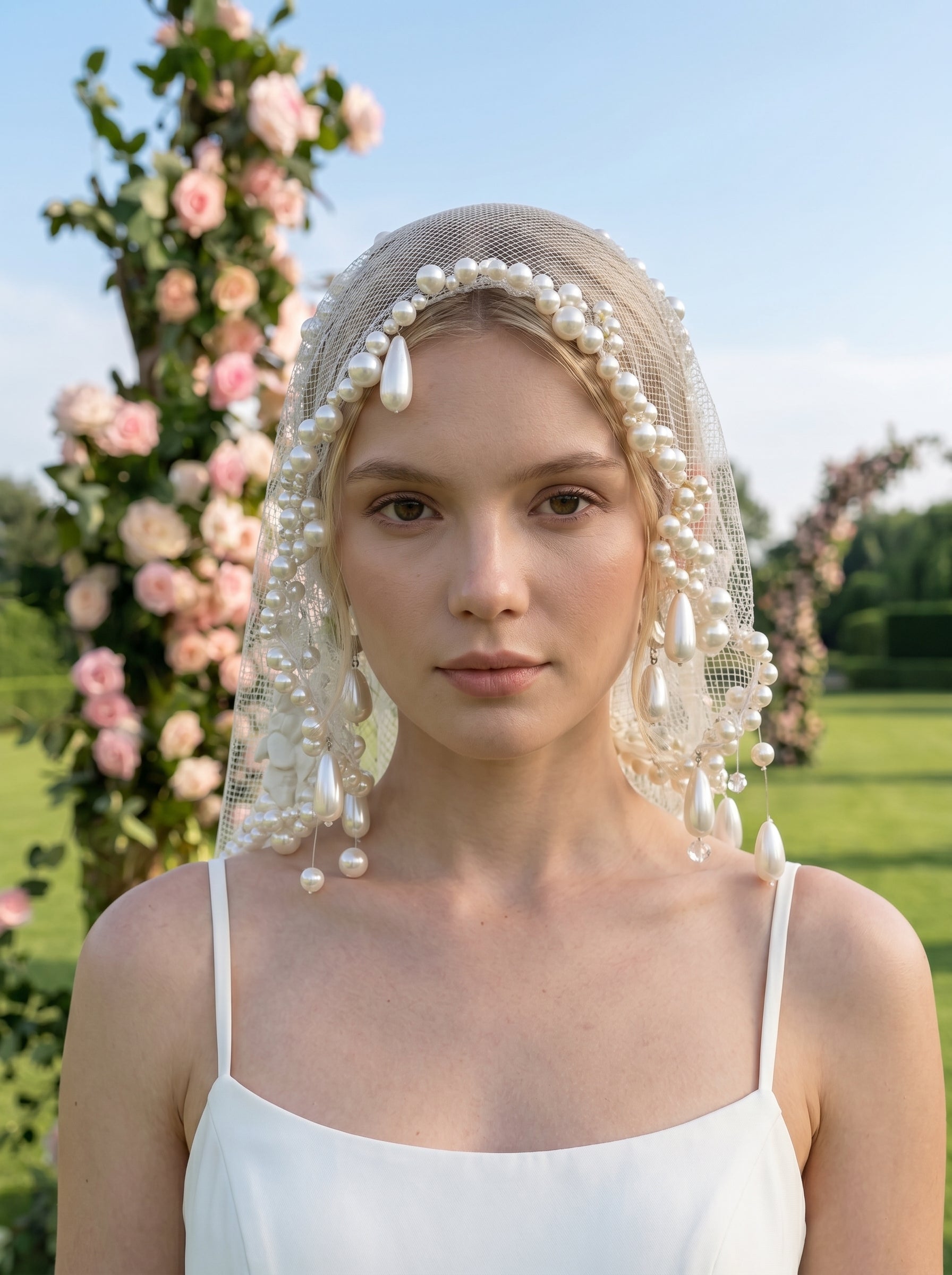 Chic 20x20 Pearl Edge Civil Wedding Veil, Heavy Beaded Vintage Mesh Face Cover, High Fashion Bachelorette Bridal Headpiece  LUNA-X209