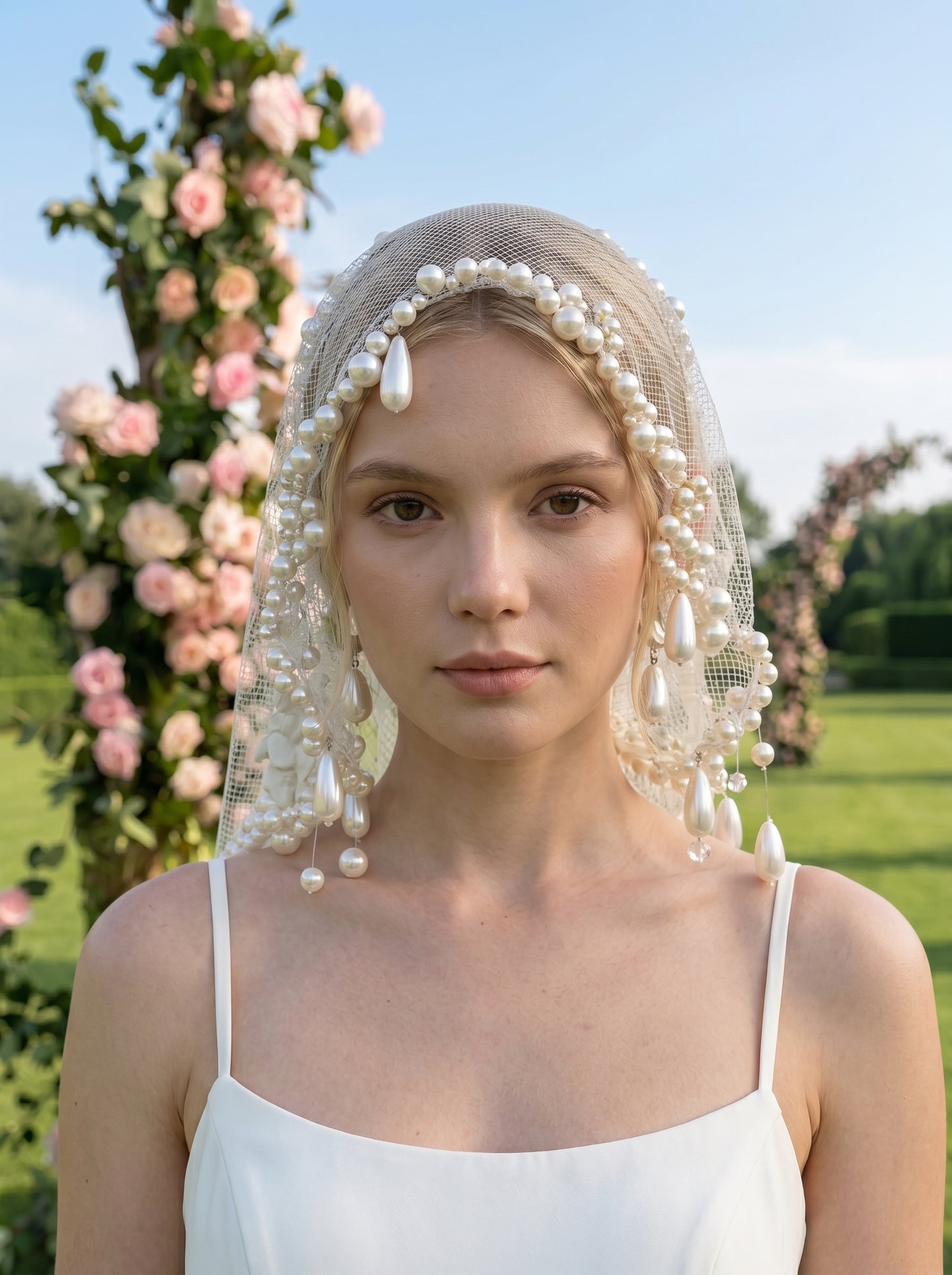 Chic 20x20 Pearl Edge Civil Wedding Veil, Heavy Beaded Vintage Mesh Face Cover, High Fashion Bachelorette Bridal Headpiece  LUNA-X209
