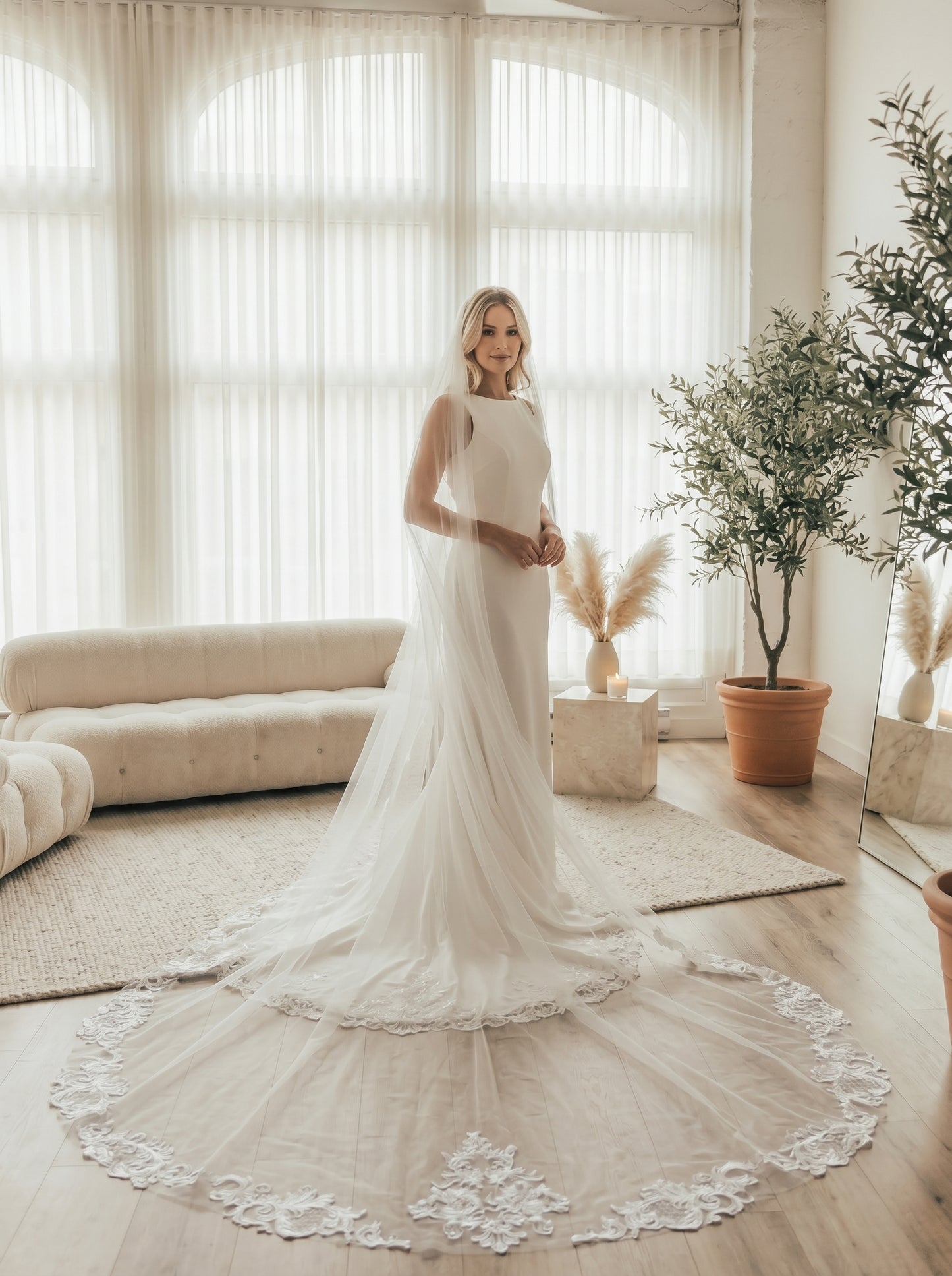 90s Minimalist Cathedral Veil - 3m x 2.5m Wide Single Layer Soft Tulle Wedding Veil with Comb, Sleek Pure Sheer Long Train Veil  LUNA-X63