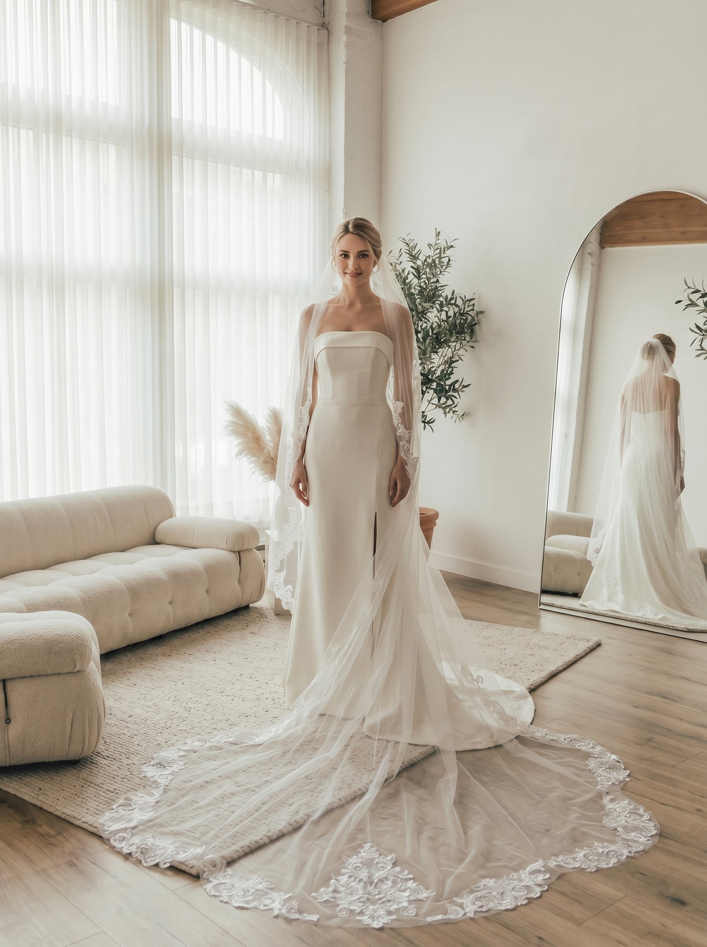 90s Minimalist Cathedral Veil - 3m x 2.5m Wide Single Layer Soft Tulle Wedding Veil with Comb, Sleek Pure Sheer Long Train Veil  LUNA-X63
