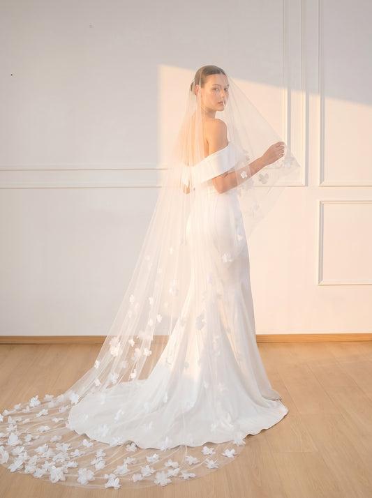Couture 3D Floral Wedding Veil - 118" Long Handcrafted Organza Flower Cathedral Veil, No Comb for Styling Freedom LUNA-X06