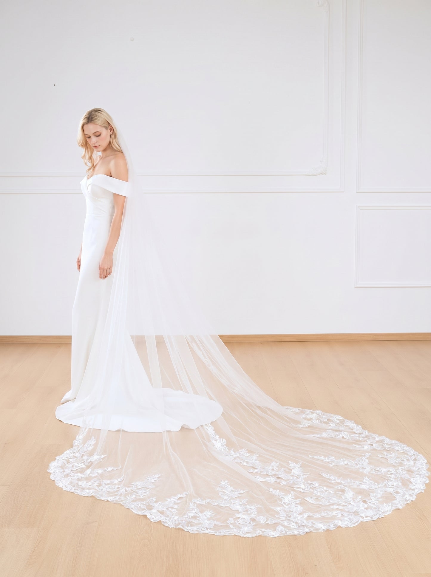 Grand Cathedral Wedding Veil - 138" Extravagant Royal Tulle with Gorgeous Heavy Lace Appliqués and Secure Metal Comb  LUNA-X07
