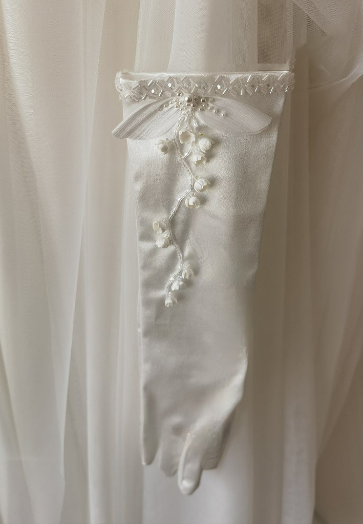 Lily of the Valley Satin Bridal Gloves - Hand-Beaded Pearl Floral Wedding Gloves - Vintage Pleated Ruffle Edge Prom & Evening Mittens (38cm/28cm) LUNA-X320