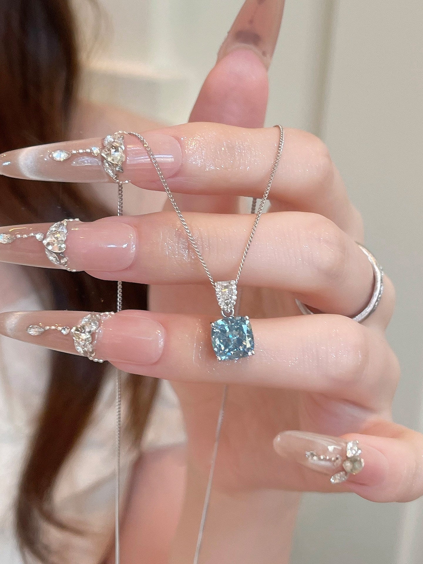 Square Aquamarine Blue Cubic Zirconia Pendant Necklace S925 Sterling Silver Dainty Thin Chain Women Wedding Daily Jewelry Gift   LUNA-X236