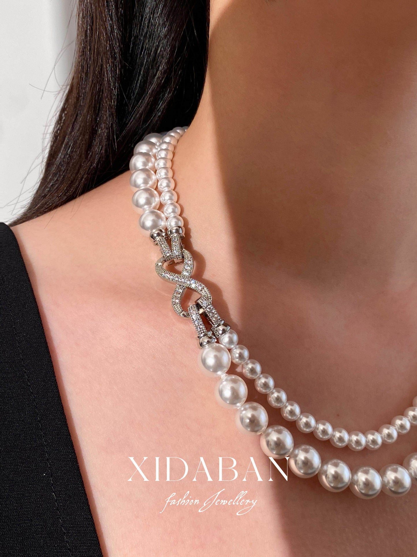 Double Layer Gradient Pearl Choker Necklace for Women, Two-Tier Australian White & Gray Madama Pearls 4/6mm+8/10mm Adjustable 44-46cm Collarbone Chain Crystal Infinity Clasp Wedding Bridal Statement Fine Jewelry Gift  LUNA-X294