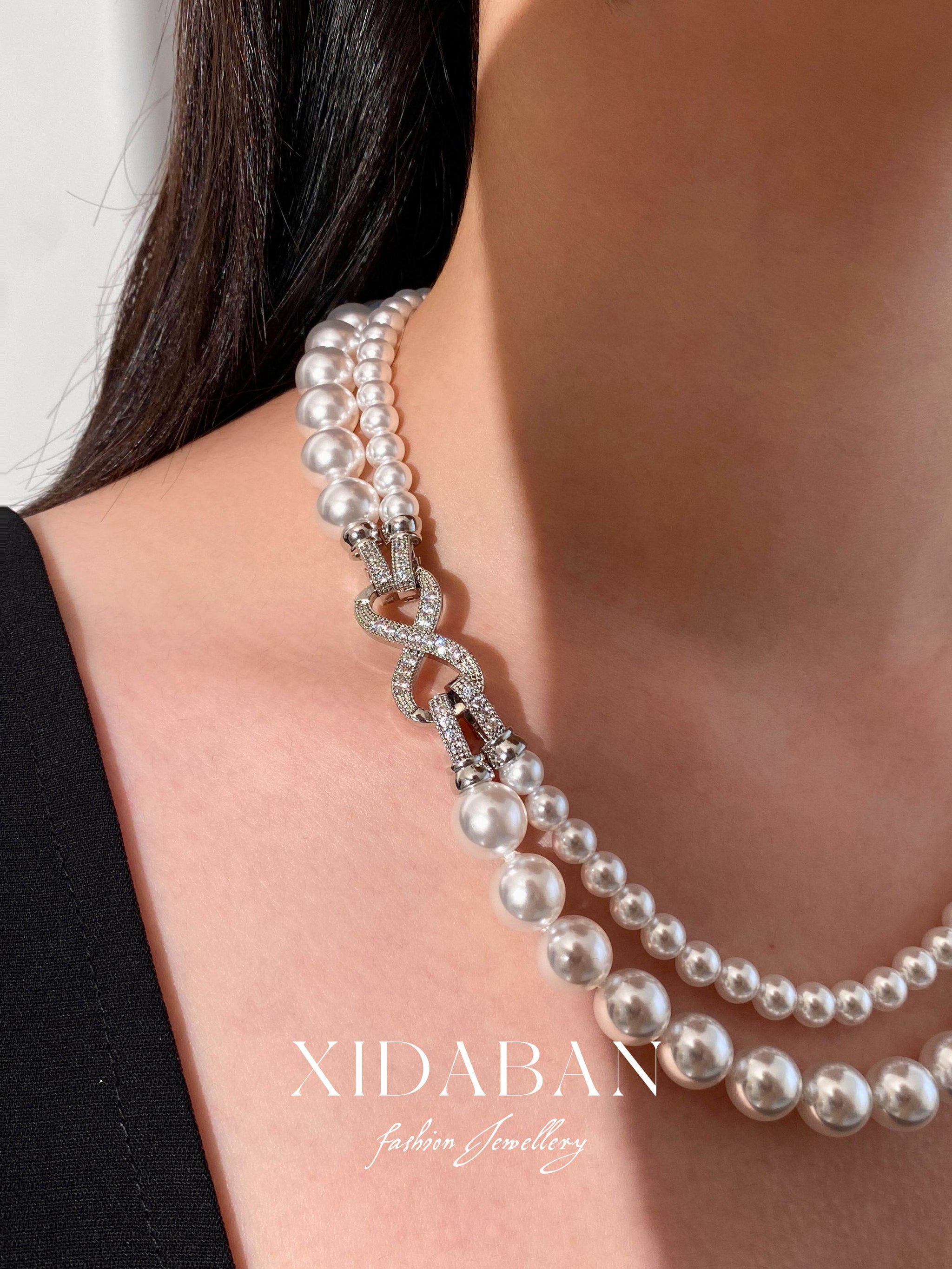 Double Layer Gradient Pearl Choker Necklace for Women, Two-Tier Australian White & Gray Madama Pearls 4/6mm+8/10mm Adjustable 44-46cm Collarbone Chain Crystal Infinity Clasp Wedding Bridal Statement Fine Jewelry Gift  LUNA-X294