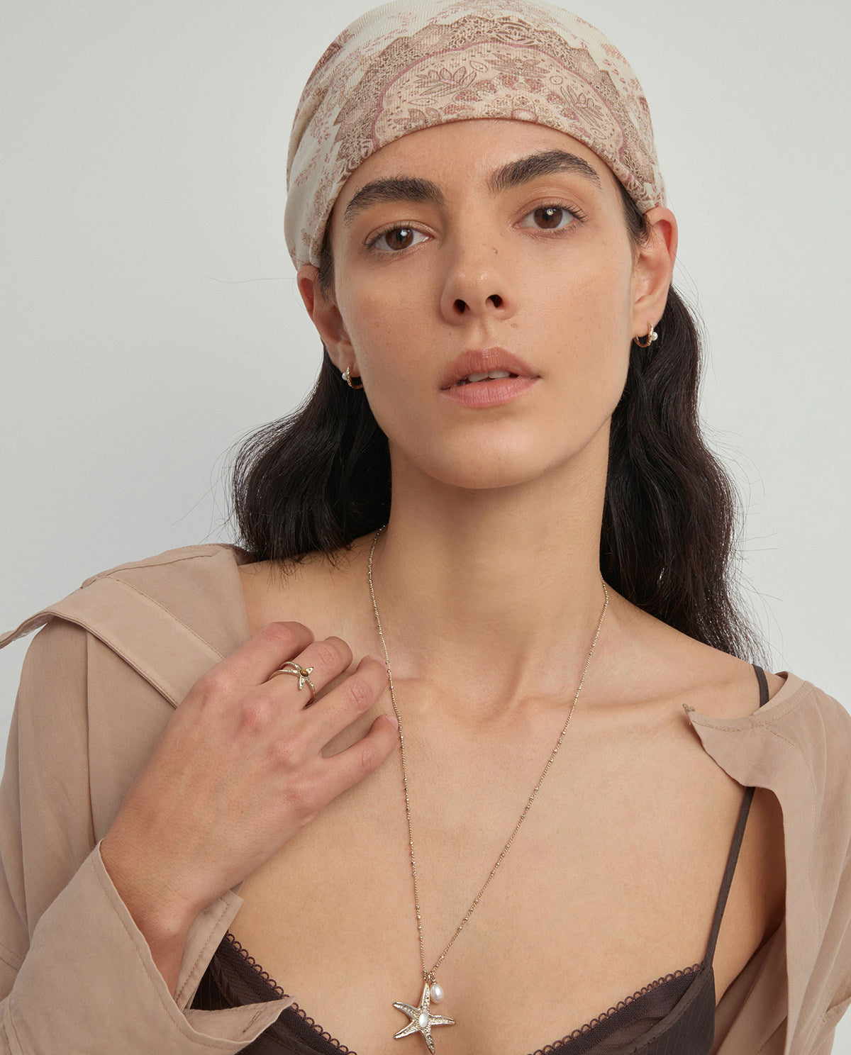 Ocean Series Textured Starfish Pendant Necklace, Two Sizes Pale Titanium Gold with Freshwater Pearl & Mother of Pearl Adjustable Chain for Women   LUNA-X261