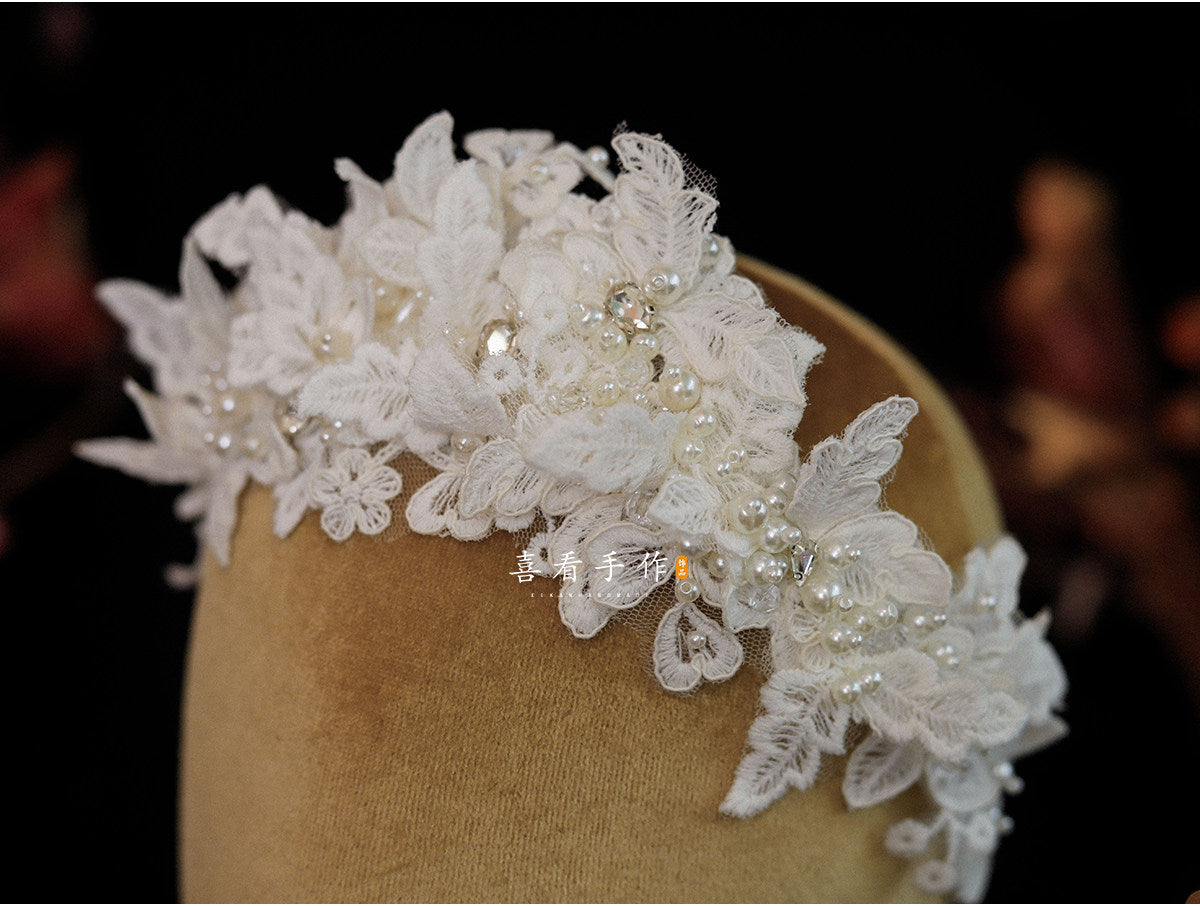 Vintage French Lace Bridal Tiara Headband Romantic Embroidered Floral Wedding Hair Vine | Handmade Bridal Crown Accessory for Modern Brides | LUNA-X112