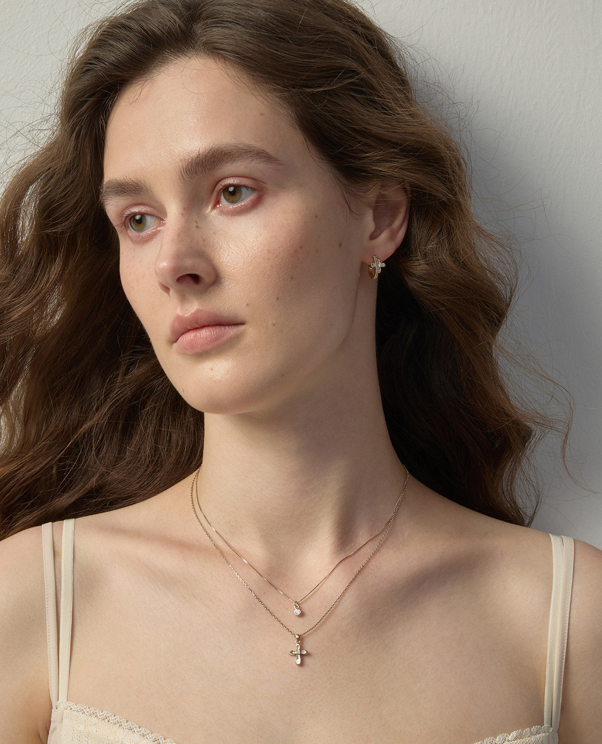 Two Layer Textured Cross & Single CZ Bezel Pendant Necklace, Dainty Stackable Adjustable Chain for Women  LUNA-X254