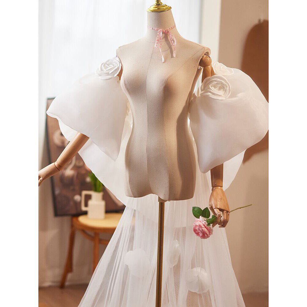 Romantic 3D Rose Bridal Cape Veil - Dramatic Puff Sleeve Wedding Capelet - Luxury Satin Floral Cathedral Train Shawl LUNA-X234
