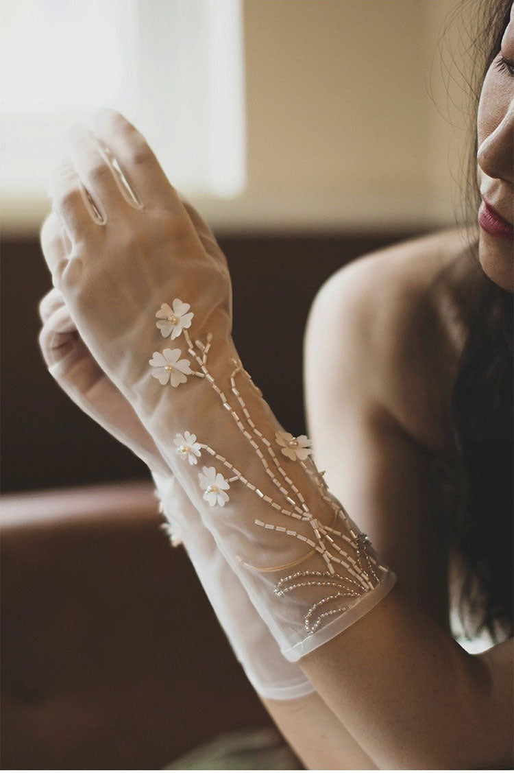 Ethereal Blossom Illusion Mesh Bridal Gloves - 35cm White 3D Floral Hand-Beaded Wedding Gloves - Vintage Cottagecore Sheer Prom Mittens LUNA-X316
