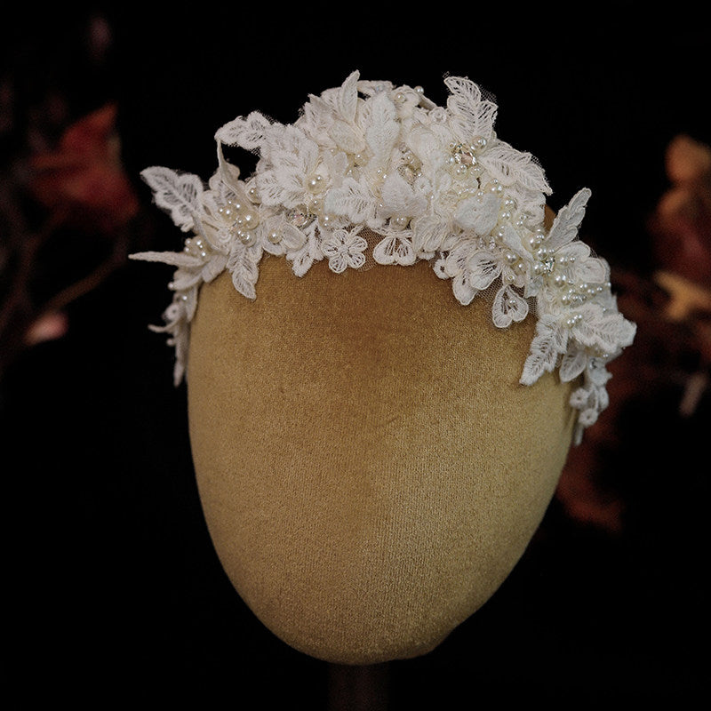 Vintage French Lace Bridal Tiara Headband Romantic Embroidered Floral Wedding Hair Vine | Handmade Bridal Crown Accessory for Modern Brides | LUNA-X112