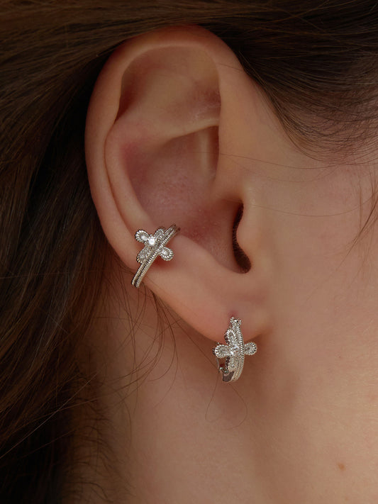 Women's Vintage Gothic Lace Cross Ear Cuffs Non Pierced Hoop Earrings, Florence Cathedral Inspired Design, Dainty Zircon Details, Two-Tone Gold & Silver Jewelry, LUNA-X265