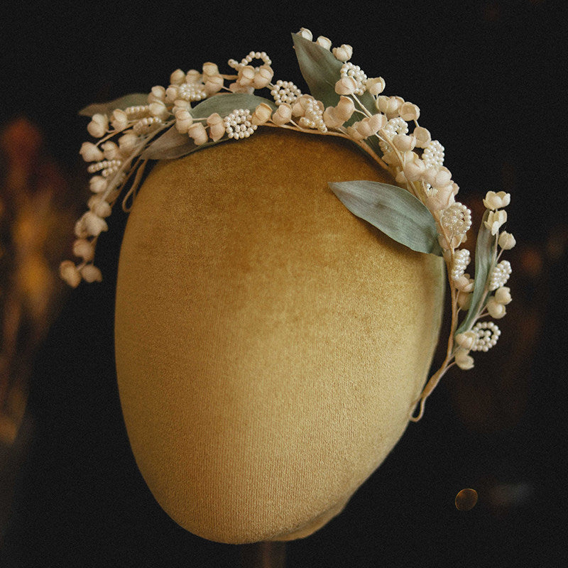 Vintage Lily of the Valley Bridal Headpiece Romantic Pearl and Silk Leaf Wedding Hair Vine Handmade Fairy Floral Tiara  LUNA-X109