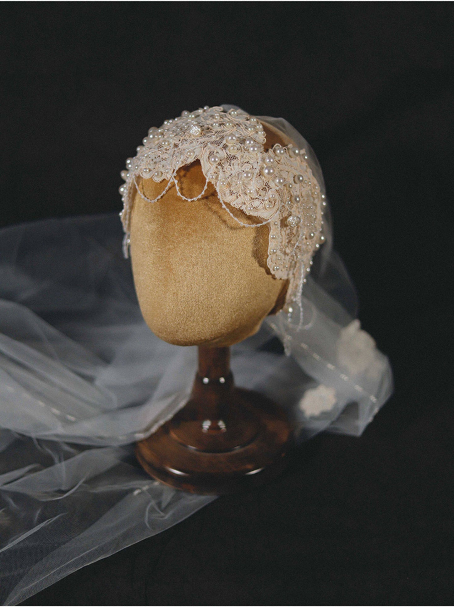 Luxury Juliet Cap Bridal Veil - Vintage Edwardian Pearl-Encrusted Wedding Hair Piece - Royal Lace Bridal Cap Veil with Scalloped Drapes  LUNA-X329