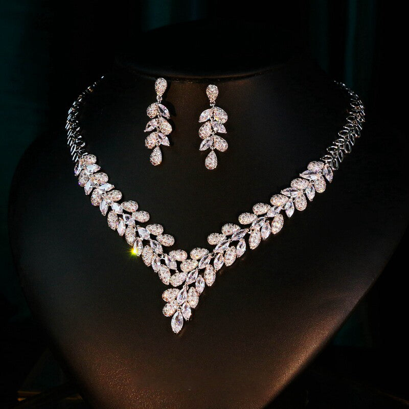Luxury Leaf Vine V-Necklace & Earring Set - Platinum Plated AAA Zircon Bridal Jewelry LUNA-X147