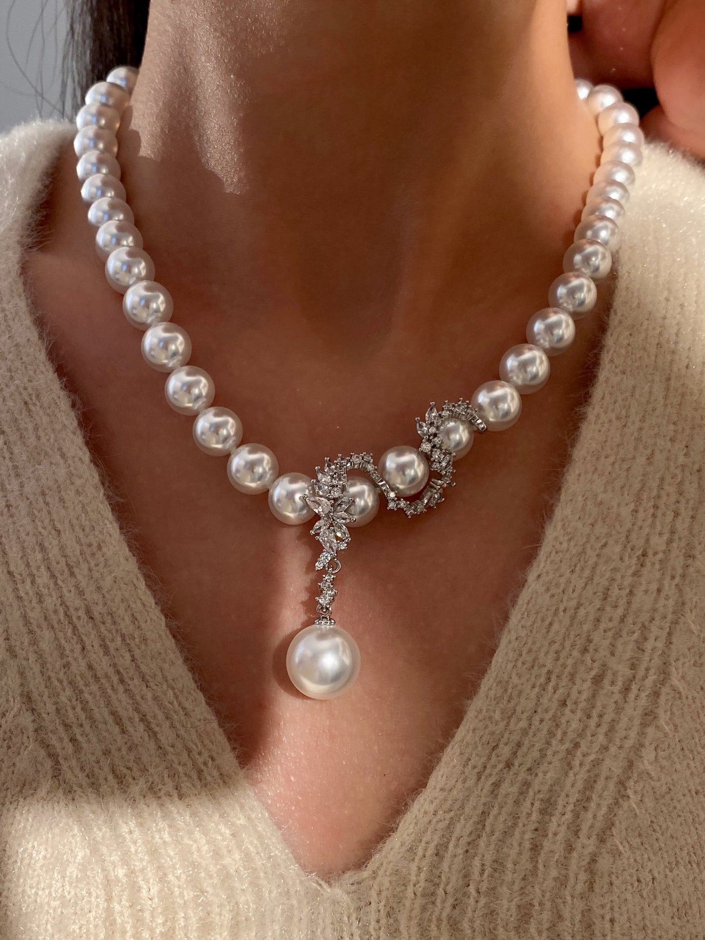 Y Drop Australian White Pearl Strand Necklace for Bridal Women, 8mm & 10mm Cool Luster Pearl with Floral Cubic Zirconia Accents 45cm Collarbone Chain Formal Wedding Evening Party Fine Jewelry Gift  LUNA-X292