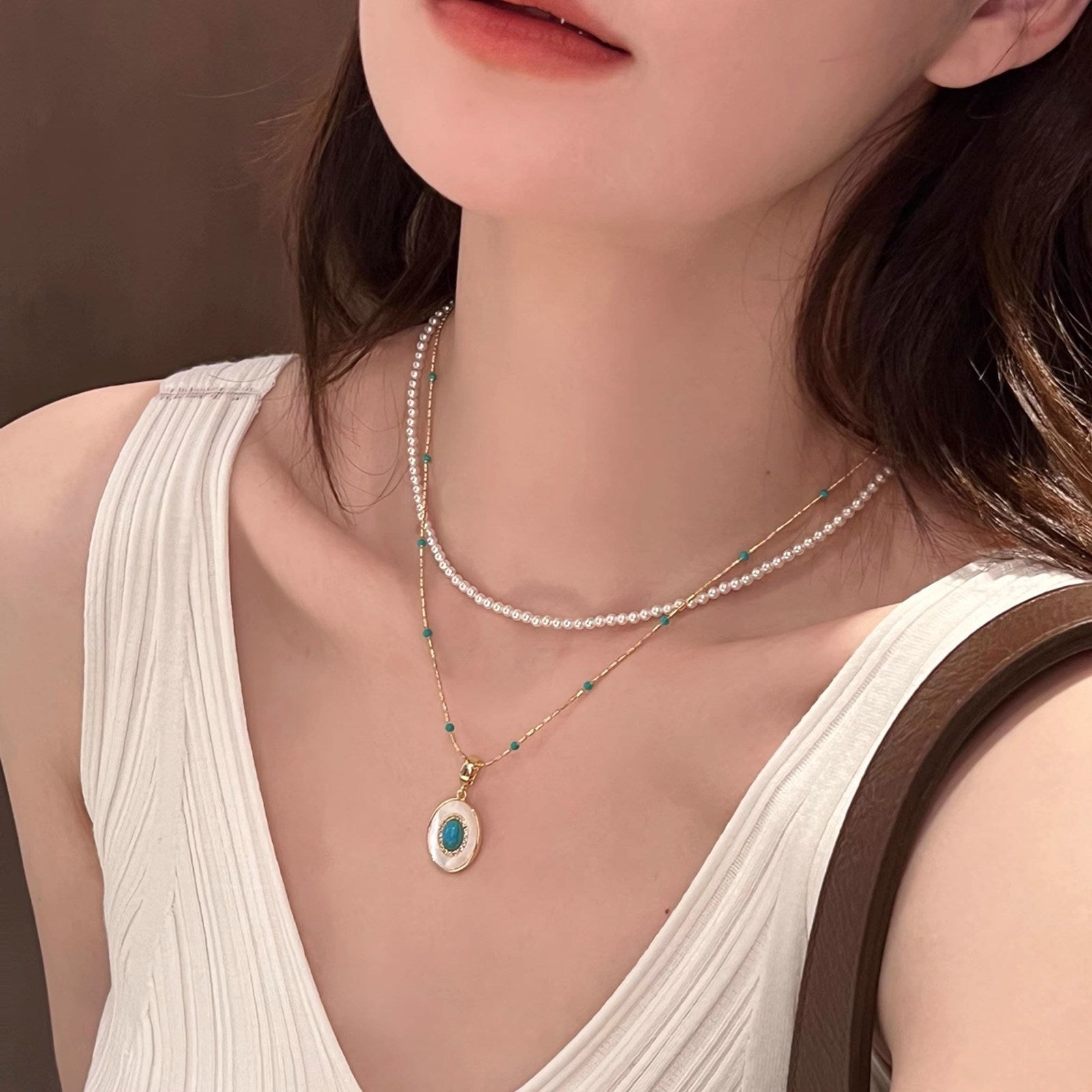 Layered Turquoise Necklace - Swarovski Crystal Pearl & Mother of Pearl Medallion Choker - Vintage French Coastal Layering Jewelry Set LUNA-X305