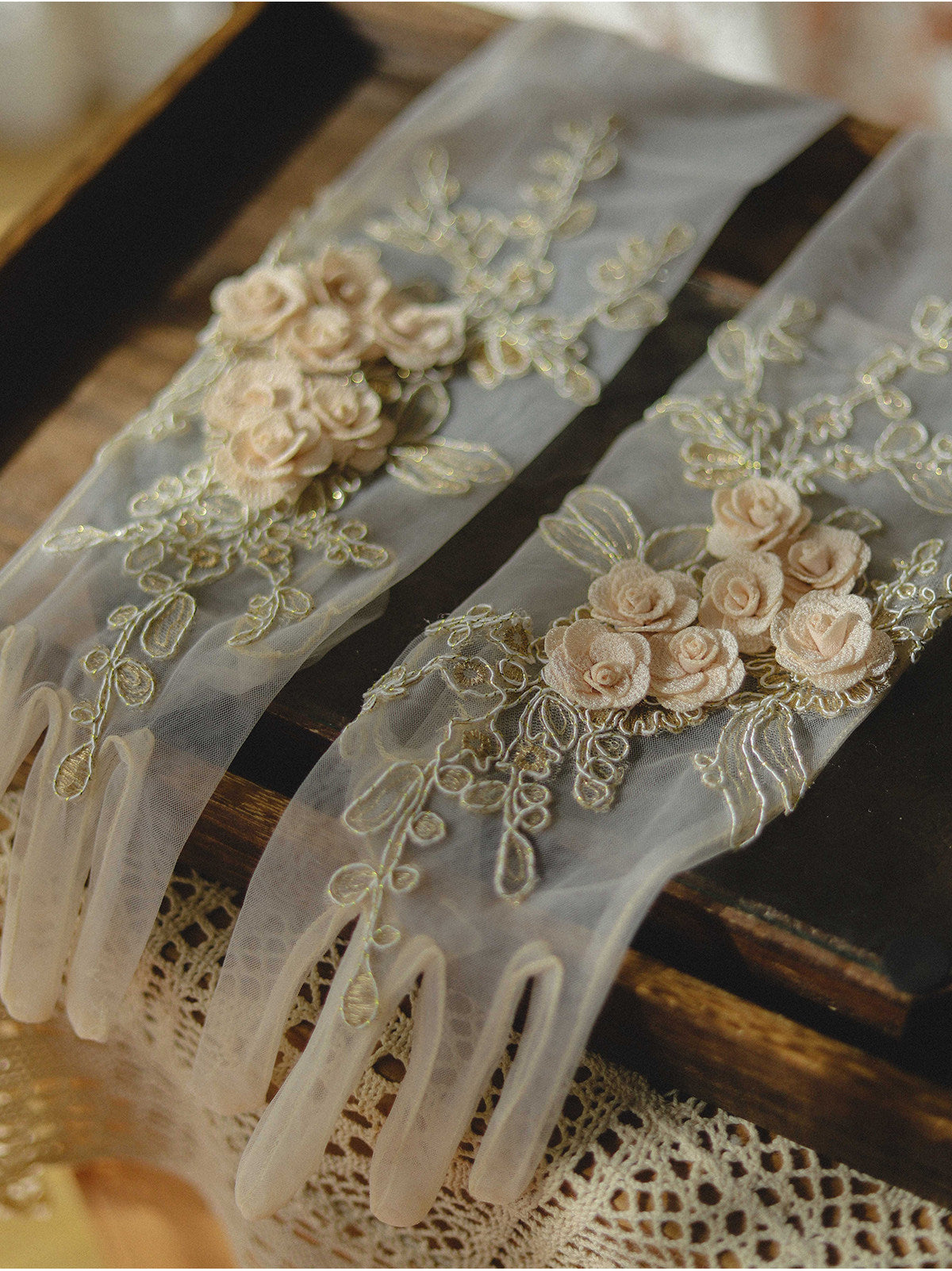Baroque Gold Embroidered Bridal Gloves - 48cm Opera Length Sheer Mesh Wedding Gloves - Luxury 3D Rosette French Vintage Princess Mittens LUNA-X327