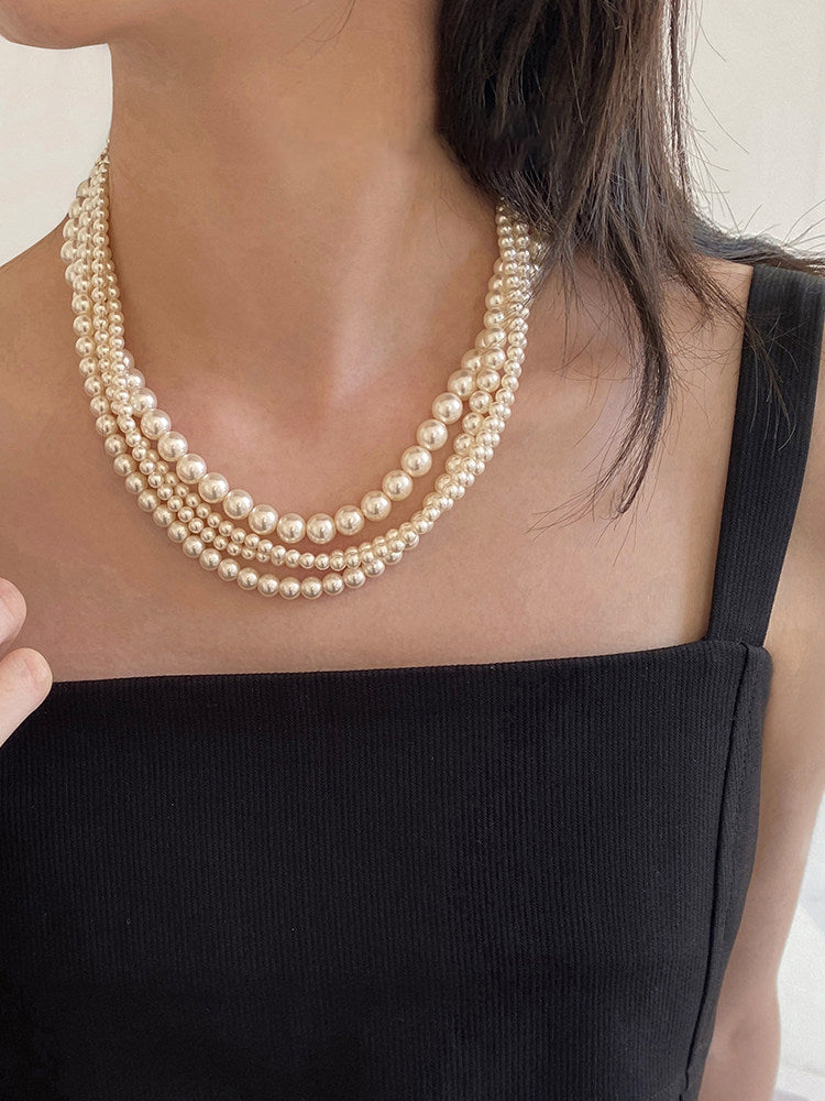 Twisted Braided Multi-Size Cream White Imitation Pearl Choker Necklace For Women 4/6/8mm Mixed Pearls Two Length 42-43cm & 45cm Vintage Elegant Wedding Daily Layered Jewelry Gift For Ladies Bride LUNA-X286