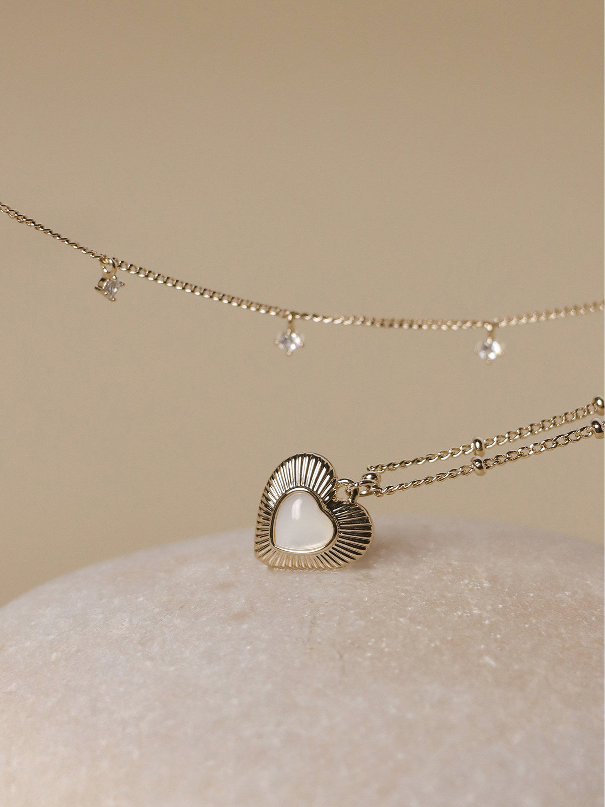 Two-Layer Star CZ & Sunburst Heart Mother of Pearl Pendant Necklace, Pale Titanium Gold Stackable Adjustable Chain for Women  LUNA-X255