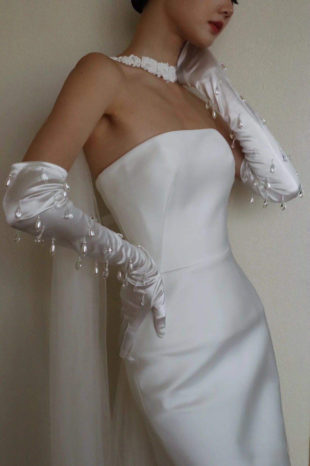 Liquid Satin Opera Bridal Gloves - Raindrop Pearl & Crystal Tassel Wedding Gloves - Luxury Above-the-Elbow Hollywood Glamour Prom Mittens  LUNA-X318