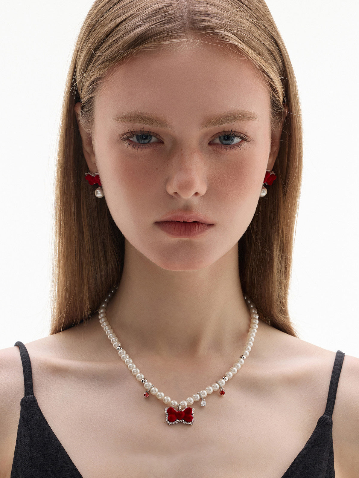 Red Velvet Bow Imitation Pearl Choker Necklace For Women Silver Plated Cubic Zirconia Dainty Crystal Drop Adjustable 42+5cm Chain Cute Sweet Lolita Party Statement Jewelry  LUNA-X275