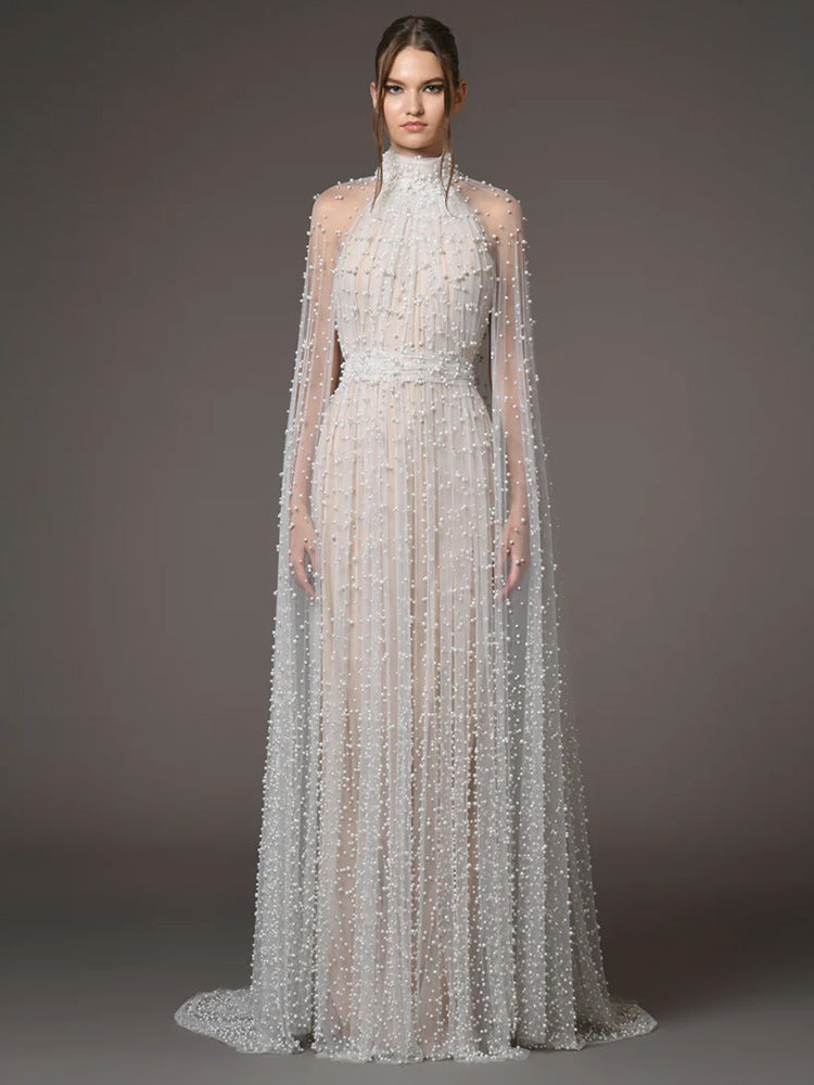 Ethereal Pearl Beaded Bridal Cape Dress - Halter Neck Open Back Wedding Reception Gown - Luxury Pearlcore Floor-Length Bridal Dress  LUNA-X233