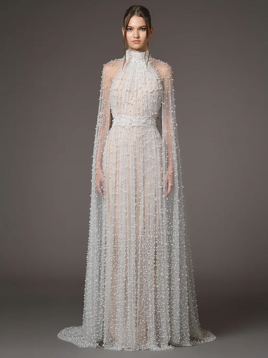 Ethereal Pearl Beaded Bridal Cape Dress - Halter Neck Open Back Wedding Reception Gown - Luxury Pearlcore Floor-Length Bridal Dress  LUNA-X233