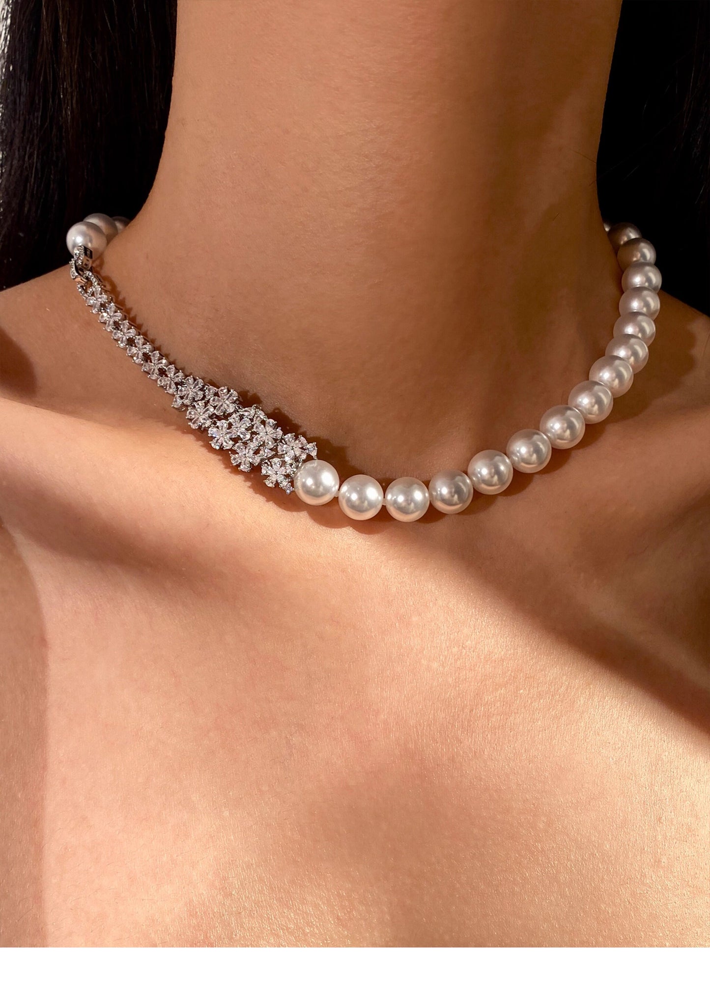 Bridal Floral Crystal Cluster Pearl Choker Necklace for Women, 10mm Cool Luster Australian White Round Pearl Collarbone Chain 43cm Formal Wedding Gala Statement Fine Jewelry Gift  LUNA-X291