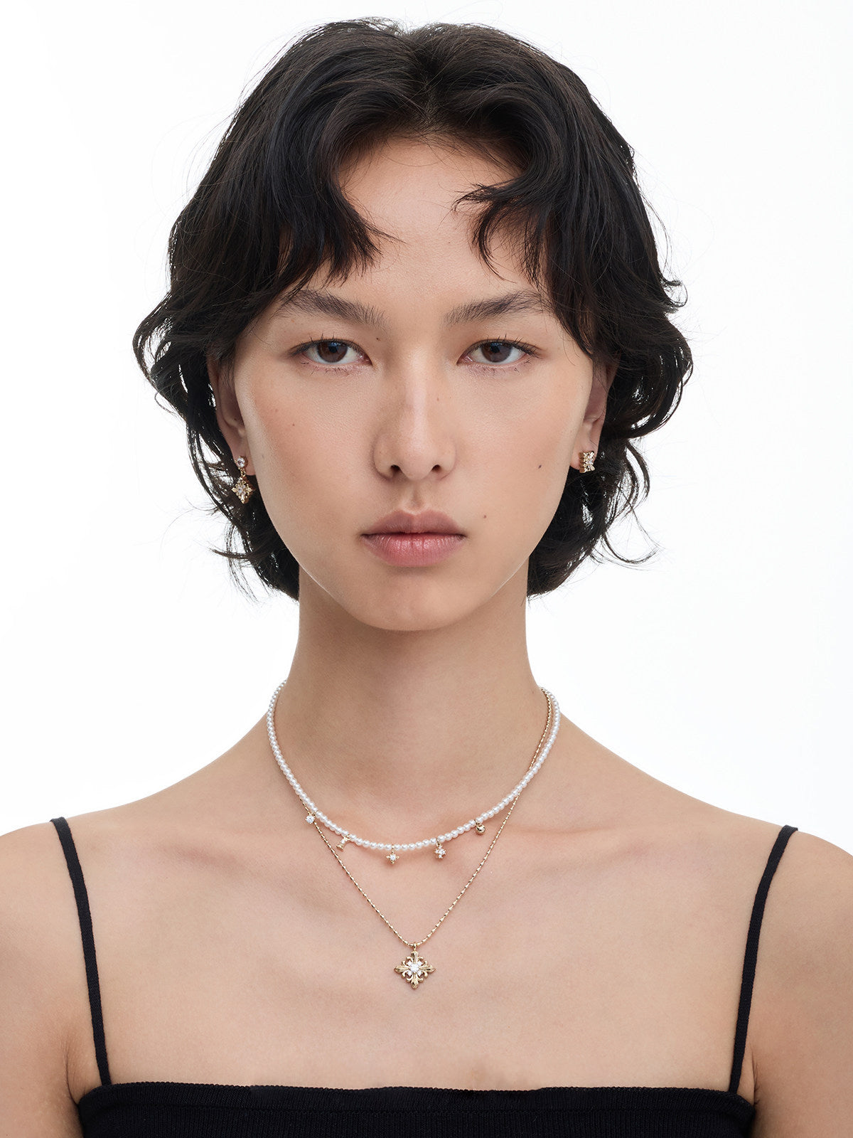 Two Layer Pearl Iris Fleur-de-Lis Necklace for Women Vintage Star Sun Zircon Pendant Dainty Stackable Bridal Jewelry Gift  LUNA-X246