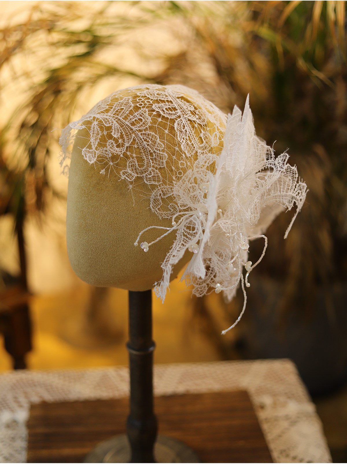 Vintage 1920s Juliet Cap Bridal Veil - Statement Chantilly Lace Wedding Headband - Luxury 3D Floral Flapper Headpiece with Pearl Droplets  LUNA-X330