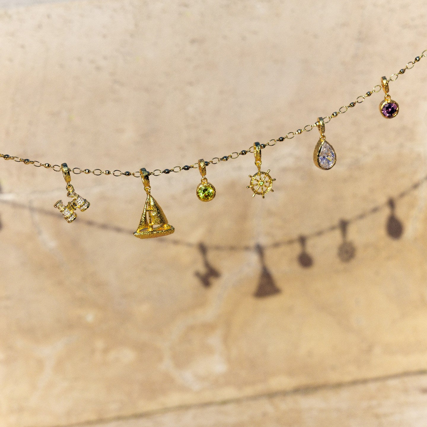 18K Gold Plated Nautical DIY Charm Necklace For Women Sold Separately Adjustable Thin Chain, 6 Detachable Pendants Sailboat Ship Wheel Telescope Teardrop Color Cubic Zirconia Custom Layering Ocean Travel Jewelry Gift LUNA-X280