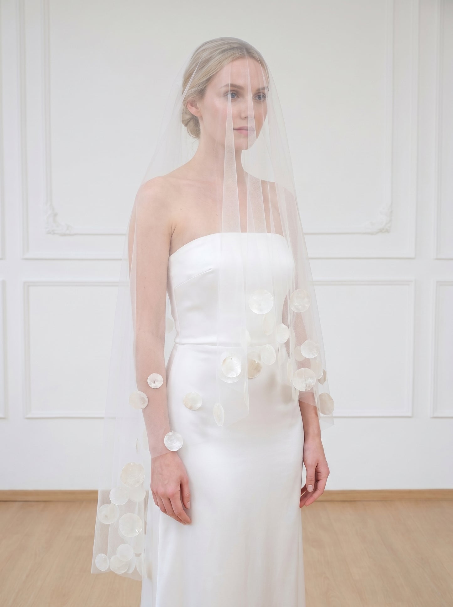 Ethereal Pure White Drop Veil - Minimalist Cut Edge Blusher Veil, Waist Length No Comb Bridal Veil  LUNA-X10