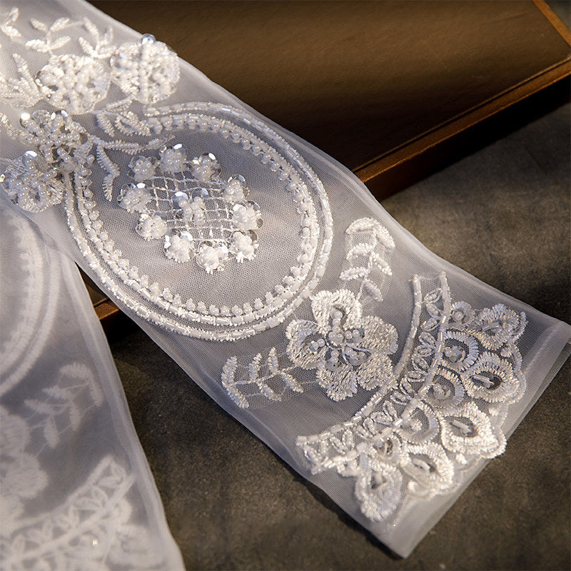 Elegant 55cm Opera Length Sheer Tulle Bridal Gloves, Romantic Off-White Wedding Gloves with Luxury Hand-Beaded Floral Lace Appliques LUNA-X176