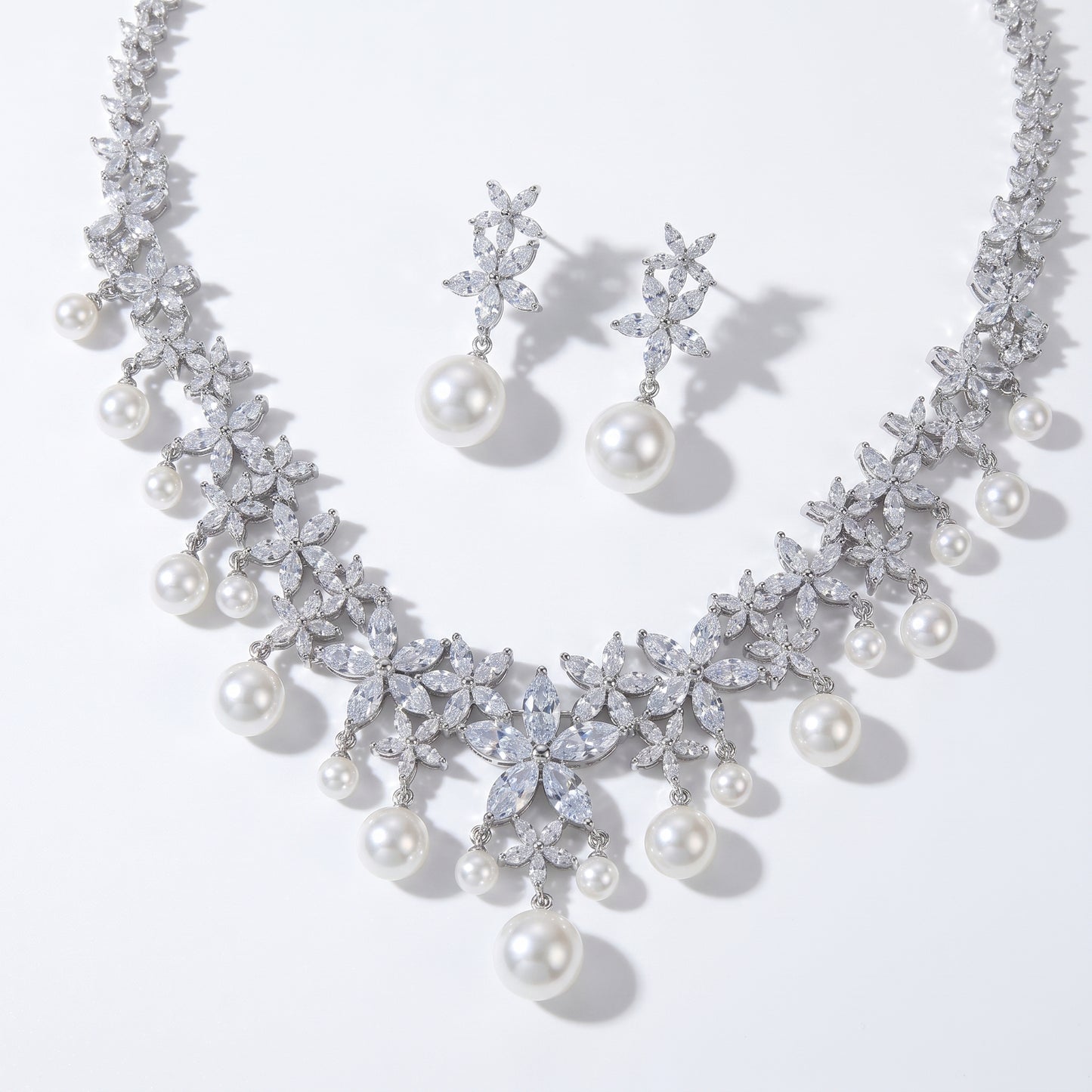 Luxury Marquise Zircon Wheat Ear Bridal Jewelry Set, Platinum Plated Geometric Leaf Choker Necklace & Shimmering Dangle Earrings with S925 Silver Pins LUNA-X159