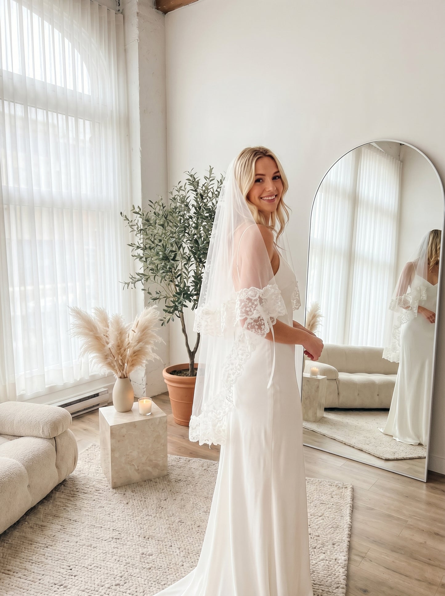 French Lace Bridal Bow Veil - 150cm Vintage Embroidery Ribbon Veil, Comb-Free Elegant Mantilla Wedding Veil LUNA-X59
