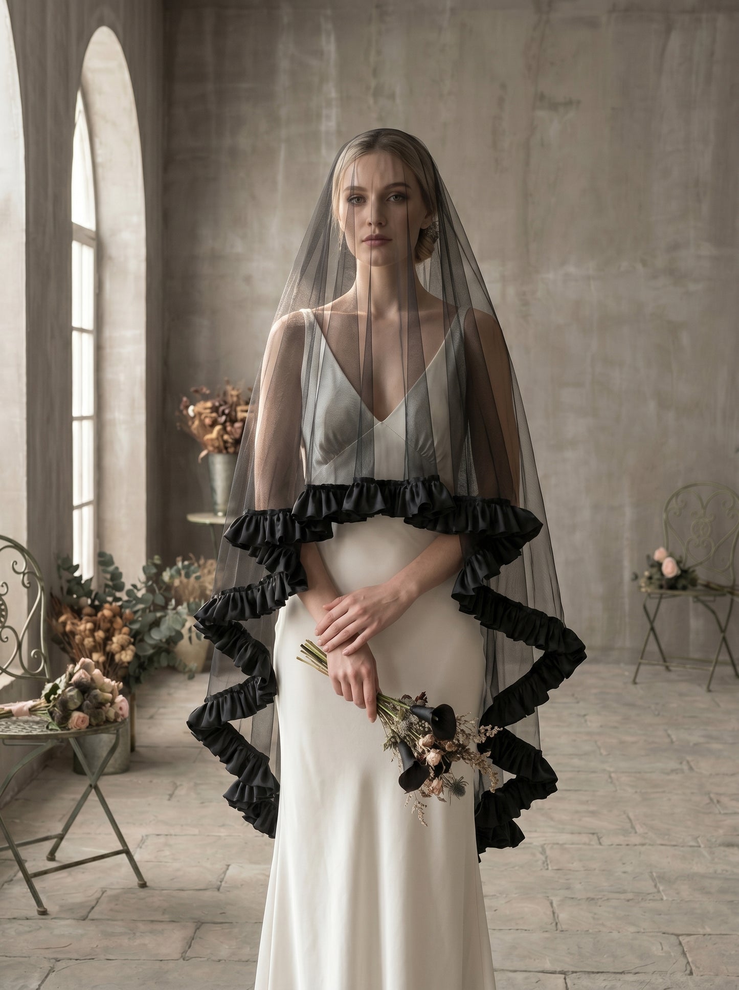 Single Layer Black Wedding Veil for Bride No Comb, 160cm x 160cm Square Soft Mesh Veil with Satin Flounce Border, Gothic Bridal Boudoir Veil  LUNA-X80