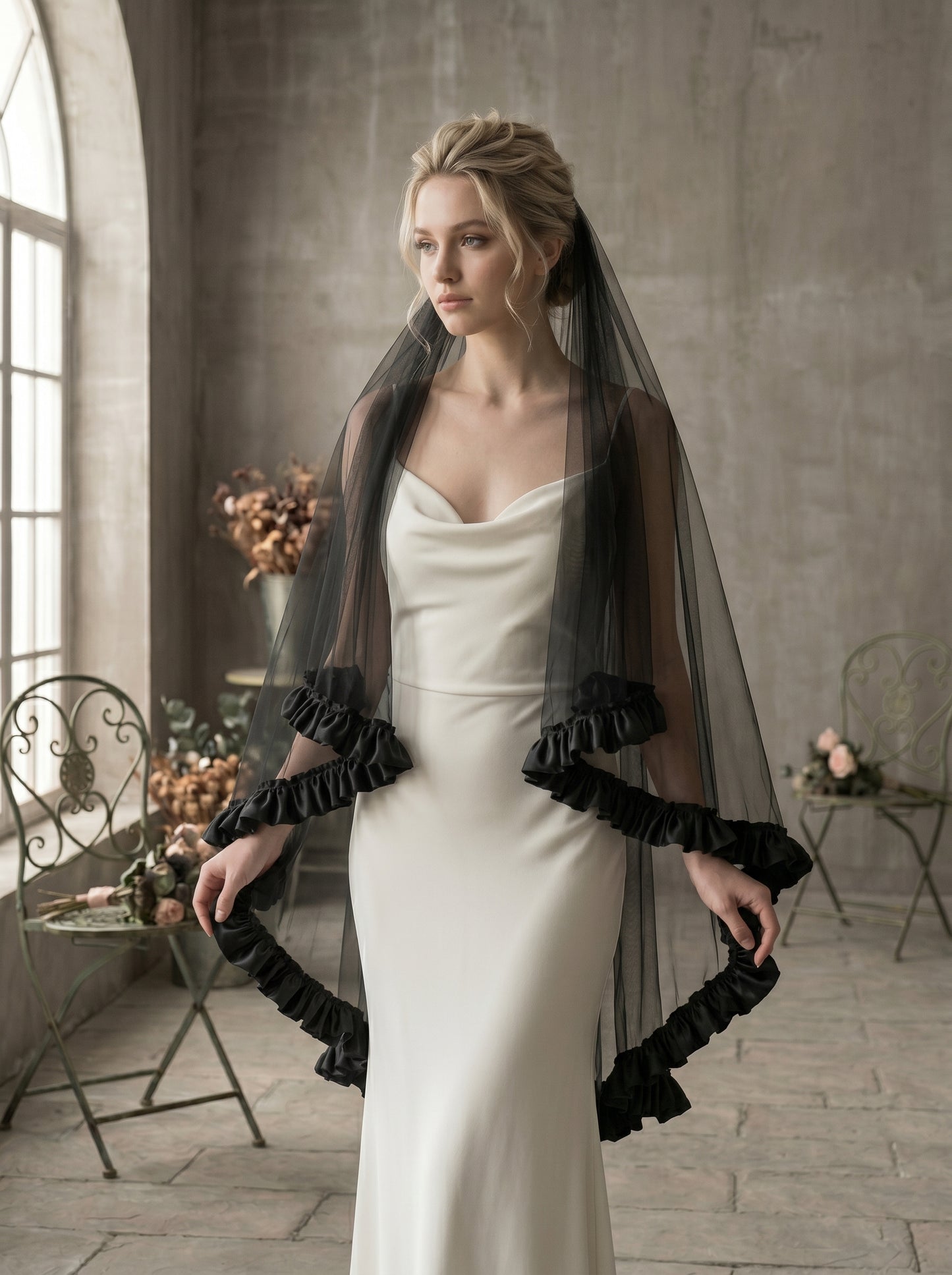 Single Layer Black Wedding Veil for Bride No Comb, 160cm x 160cm Square Soft Mesh Veil with Satin Flounce Border, Gothic Bridal Boudoir Veil  LUNA-X80