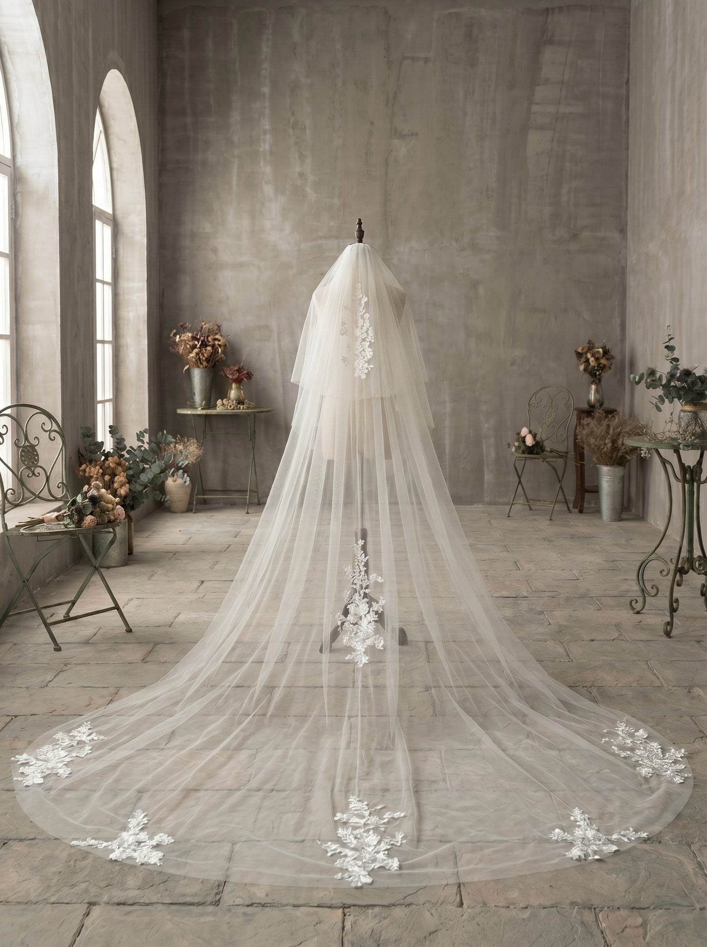 Luxury 2-Tier Cathedral Veil with Blusher - Milk White Swiss Tulle Wedding Veil with Comb, Medallion Lace Applique Bride Headpiece LUNA-X66