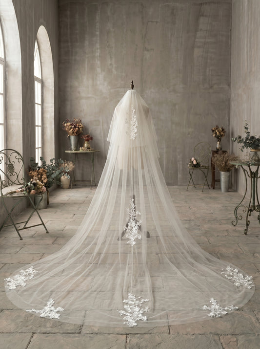 Luxury 2-Tier Cathedral Veil with Blusher - Milk White Swiss Tulle Wedding Veil with Comb, Medallion Lace Applique Bride Headpiece LUNA-X66