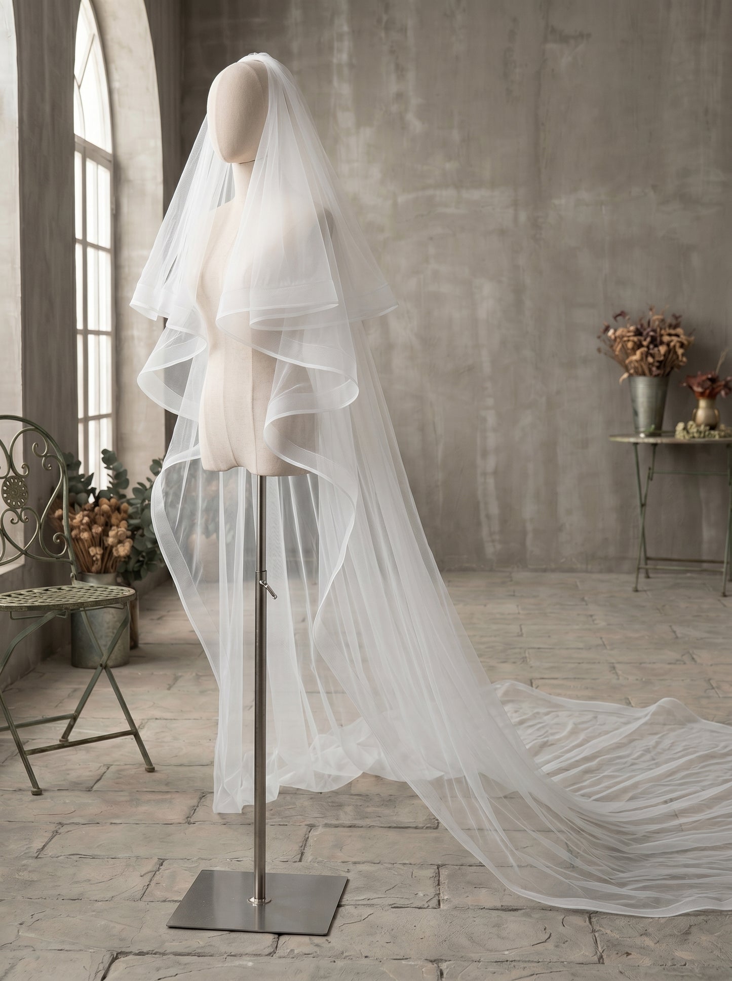 Luxury 2-Tier Structured Horsehair Edge Cathedral Veil - Milk White Swiss Tulle Wedding Veil with Comb, Cascading Ribbon Trim Blusher Veil LUNA-X73