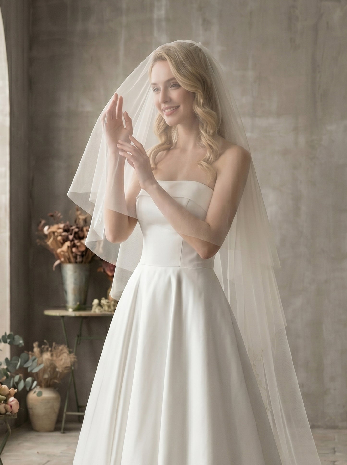 Luxury 2-Tier Cathedral Veil with Blusher - Milk White Swiss Tulle Wedding Veil with Comb, Scalloped Petal Lace Border Bridal Veil  LUNA-X67