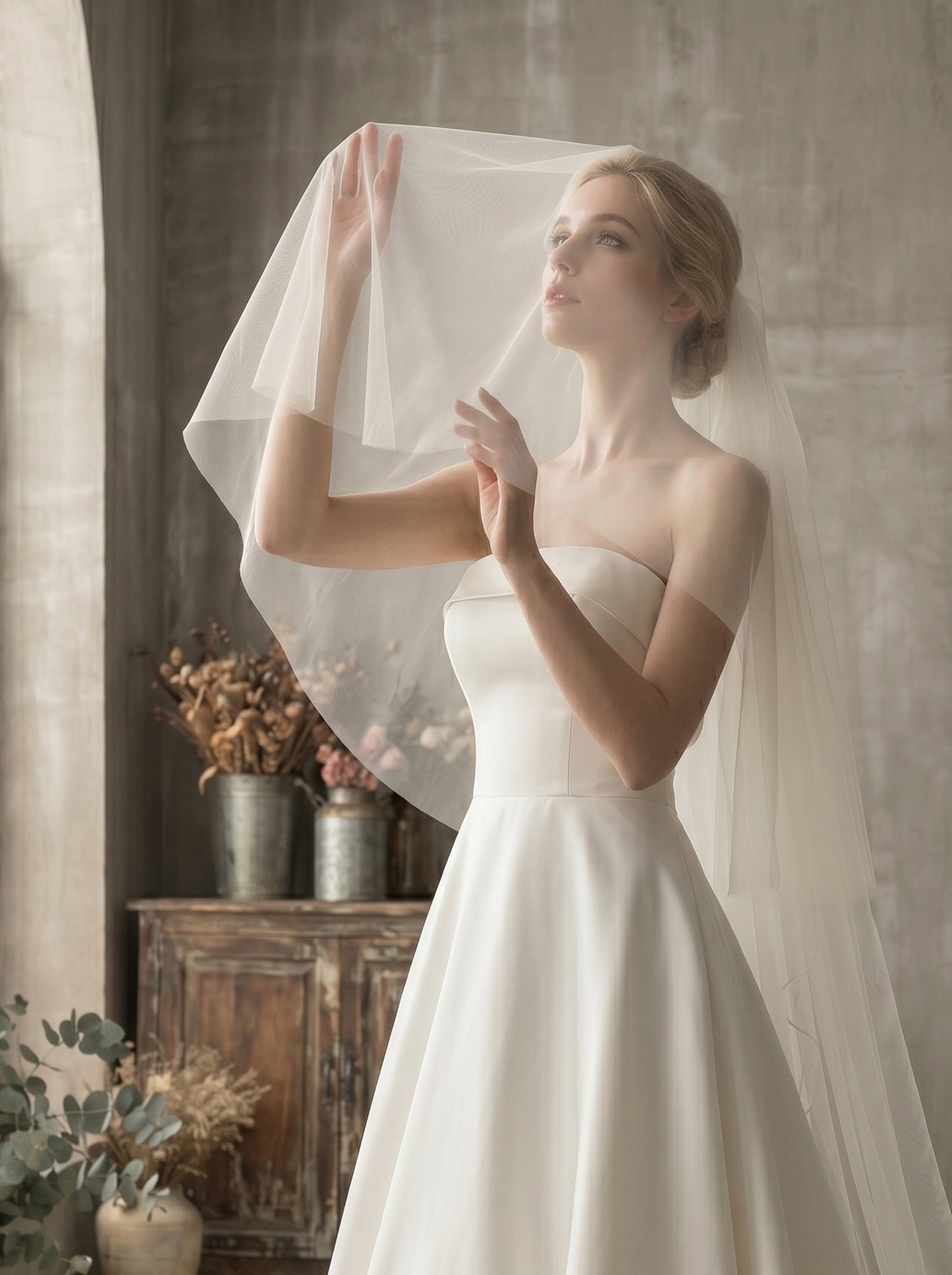 Luxury 2-Tier Cathedral Veil with Blusher - Milk White Swiss Tulle Wedding Veil with Comb, Scalloped Petal Lace Border Bridal Veil  LUNA-X67