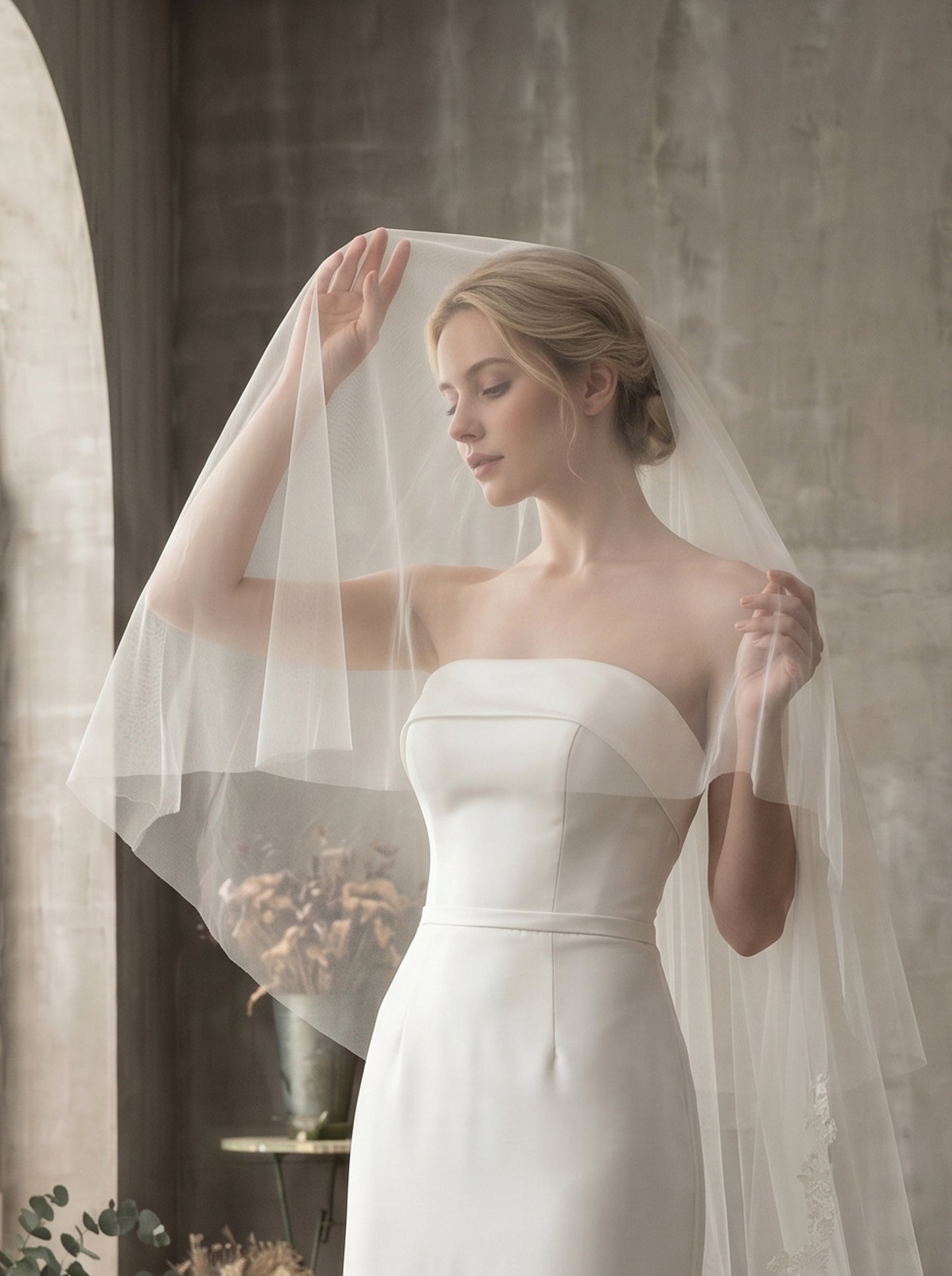 Luxury 2-Tier Cathedral Veil with Blusher - Milk White Swiss Tulle Wedding Veil with Comb, Scalloped Petal Lace Border Bridal Veil  LUNA-X67