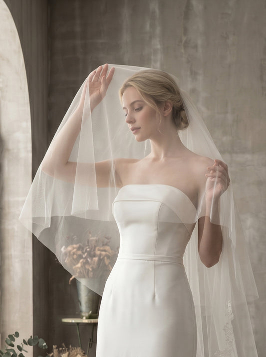 Luxury 2-Tier Cathedral Veil with Blusher - Milk White Swiss Tulle Wedding Veil with Comb, Scalloped Petal Lace Border Bridal Veil  LUNA-X67