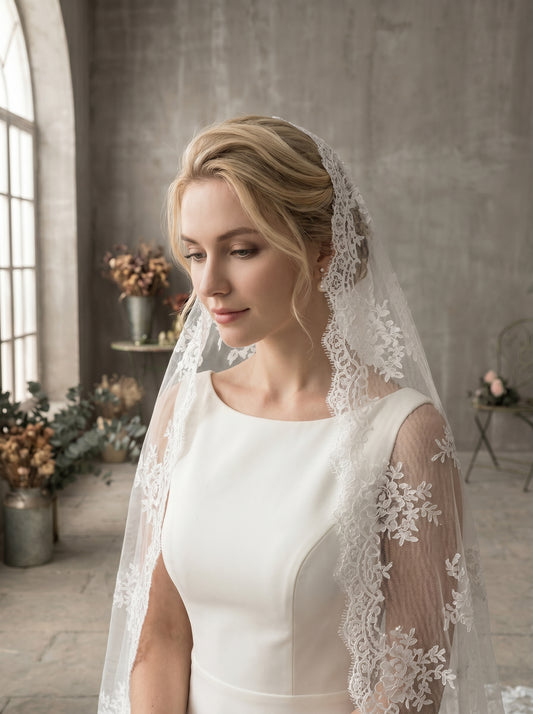 Luxury Full Lace Overlay Chapel Veil, 250cm Retro Embroidered Sheer Tulle Train, Elegant Classic Heirloom Wedding Veil  LUNA-X210